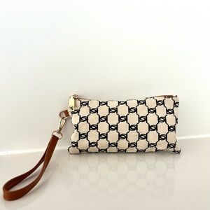 Bebe Canvas Wristlet Monogram Cream Black Beauty Bag
